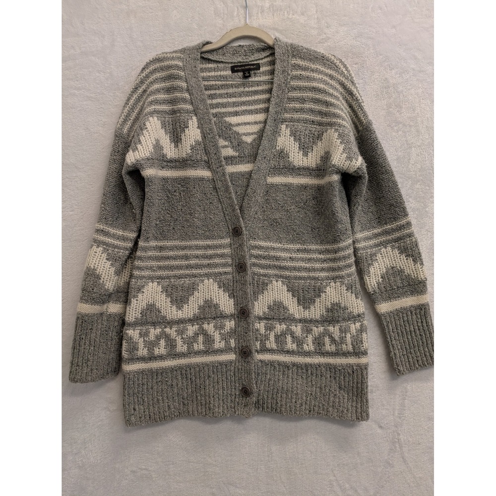 Banana Republic Cardigan Sweater Petite Small Fair Isle Gray Cream Knit